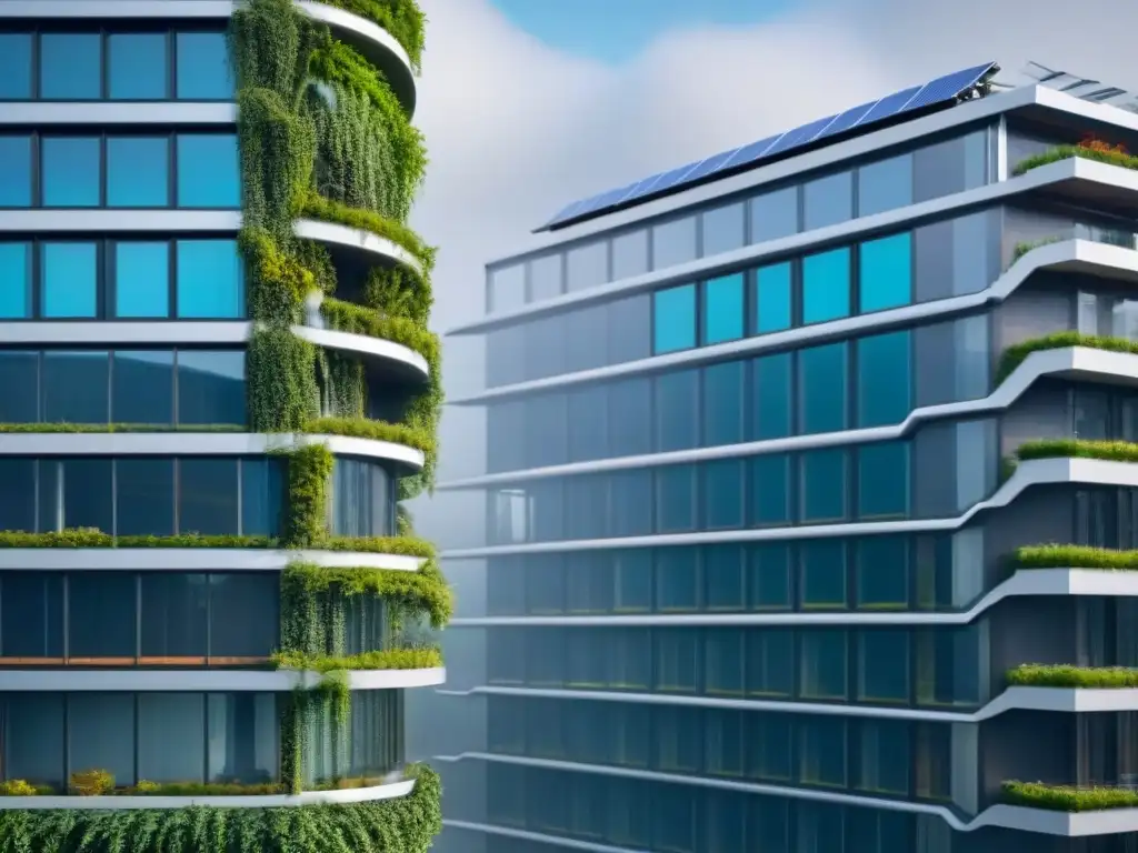 Edificio ecofuturista: diseño sostenible en ciudad moderna Edificio ecoamigable con paneles solares, luz natural y vegetación, en armonía con la ciudad