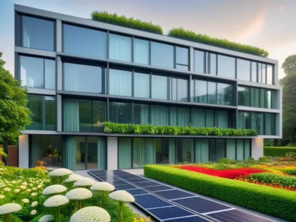 Edificio ecológico con jardines verticales y paneles solares Edificio ecoamigable con paneles solares, vegetación exuberante y sistema de recolección de agua