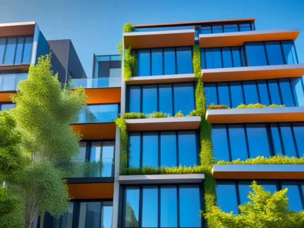 Edificio ecológico: diseño moderno y sostenible en 8k Edificio ecoamigable con certificación verde y diseño moderno, destacando paneles solares y sistemas de conservación de agua