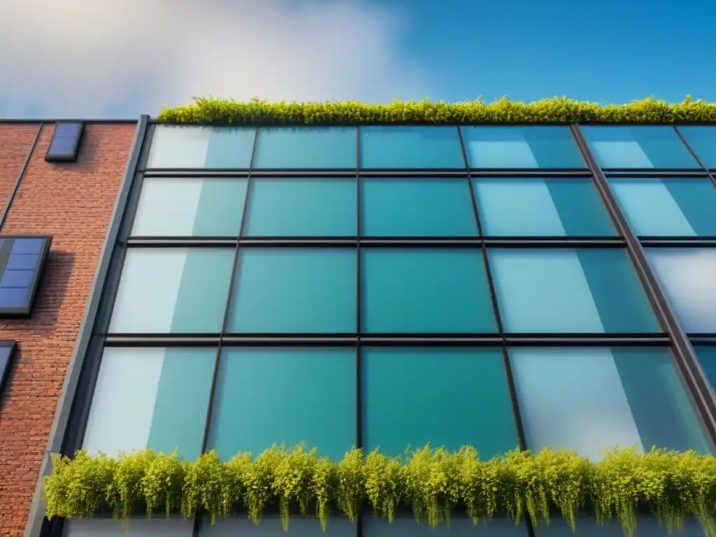 Arquitectura sostenible: diseño vanguardista con energía verde Edificio ecoeficiente con orientación para eficiencia, paneles solares y muro verde en la ciudad