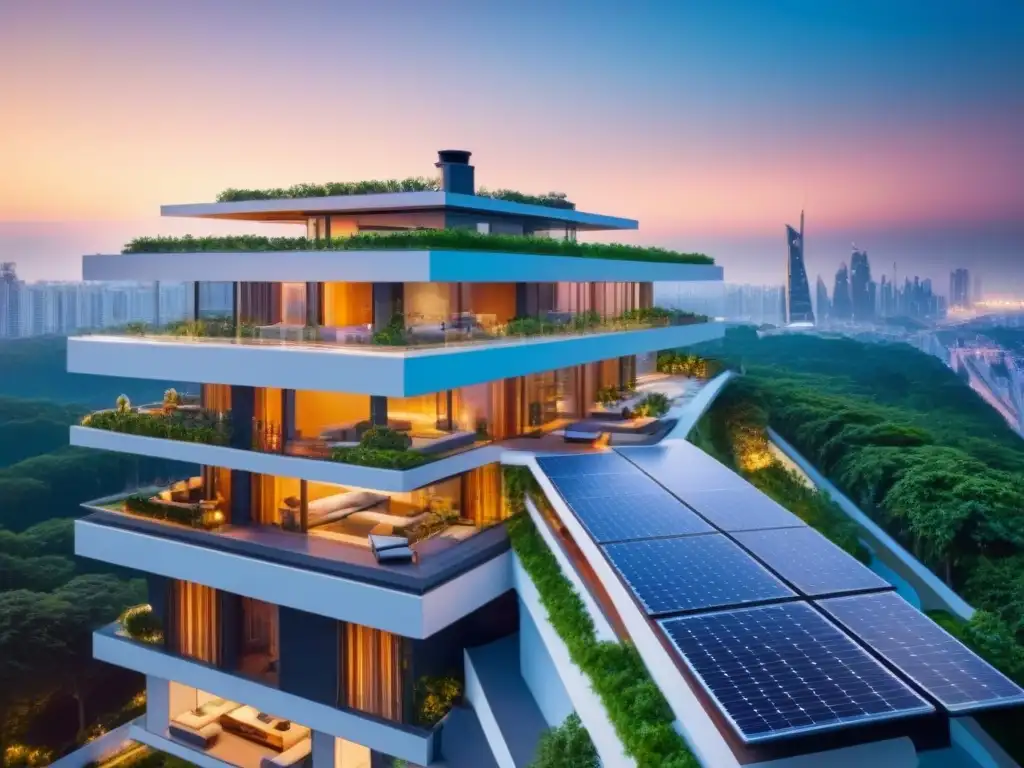 Edificio ecológico de lujo con diseño futurista y vegetación exuberante Edificio ecofriendly de lujo con diseño futurista, cubierto de vegetación en balcones y azoteas