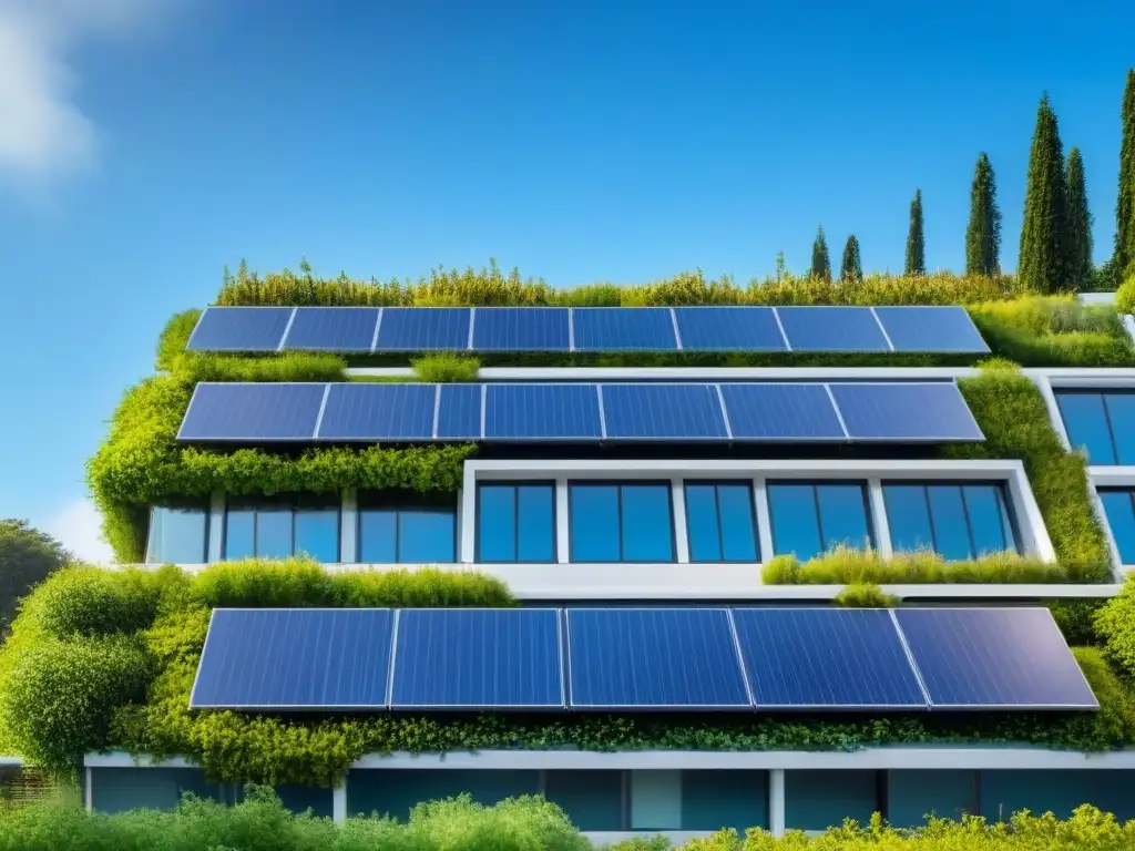 Edificio ecológico moderno con paneles solares y vegetación exuberante Edificio ecológico con certificaciones, paneles solares y diseño innovador