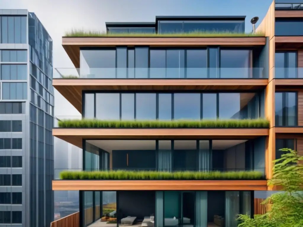 Edificio ecológico innovador en ciudad sostenible Edificio ecológico con materiales sostenibles integrados en la ciudad