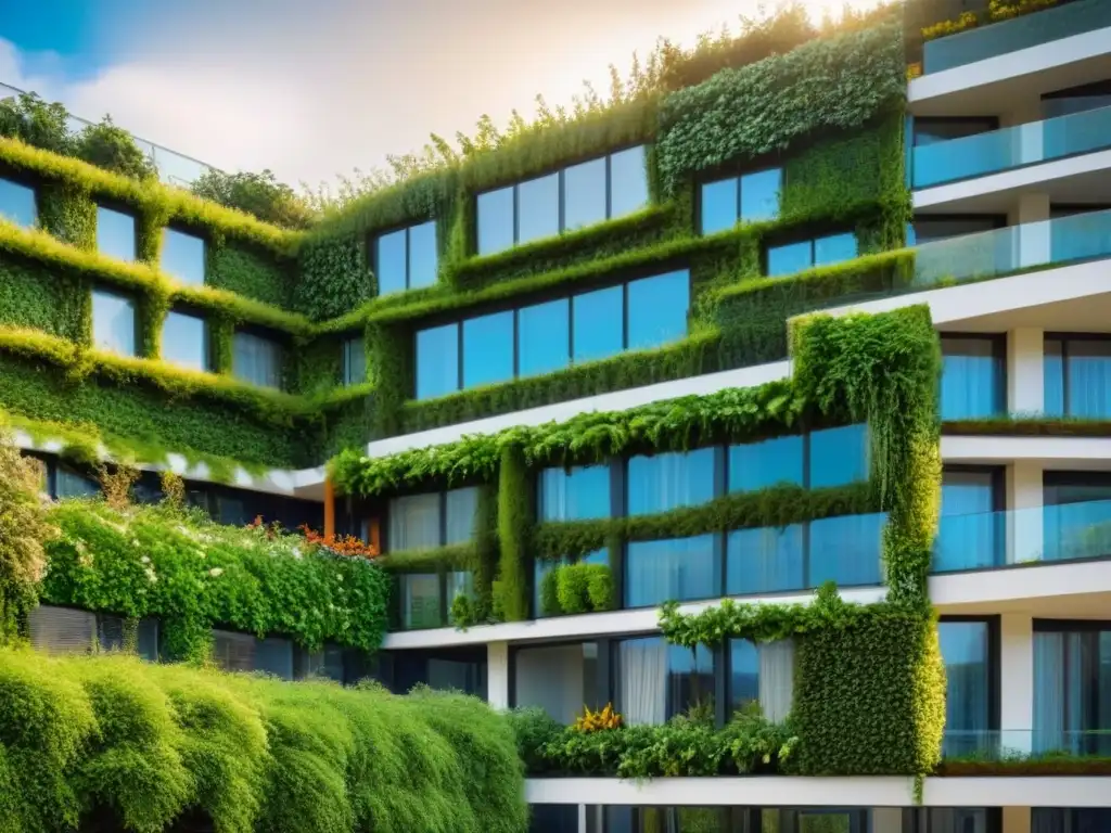 Edificio ecológico: armonía con la naturaleza en bioarquitectura Un edificio ecológico moderno integrado en un paisaje natural exuberante, en armonía con la biodiversidad