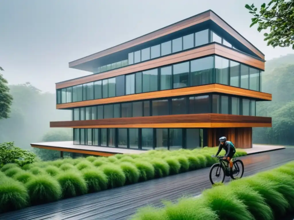 Edificio ecoamigable: diseño moderno y sostenible en 8k Un edificio ecológico moderno con materiales sostenibles y diseño contemporáneo