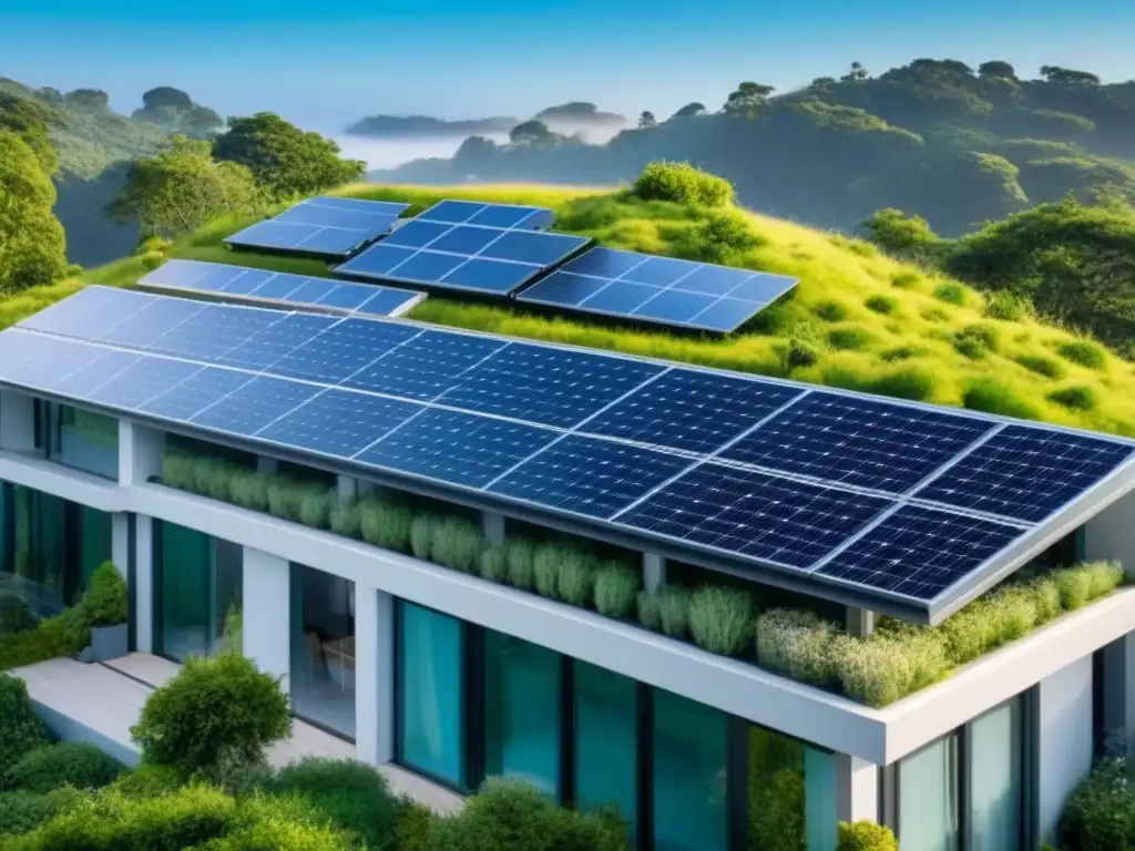 Edificio ecológico moderno con paneles solares y diseño sostenible Un edificio ecológico moderno con paneles solares, rodeado de vegetación y cielo azul