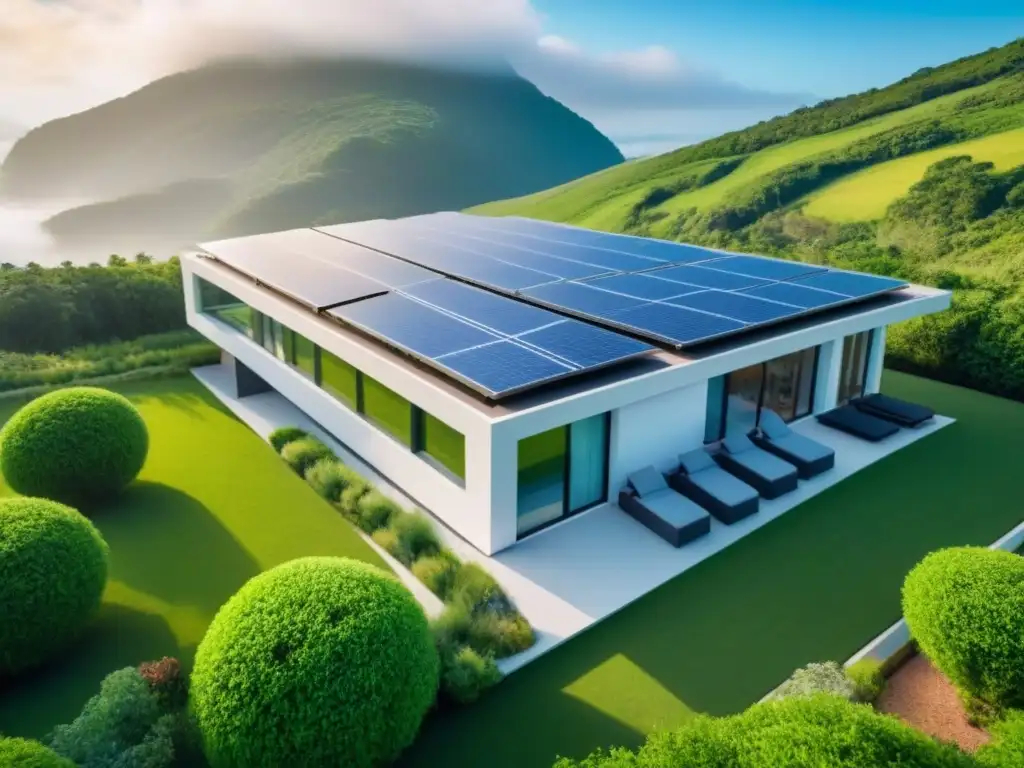 Edificio eco-sostenible: armonía y tecnología verde en 8k Un edificio ecológico moderno con paneles solares, rodeado de vegetación, bajo cielo azul