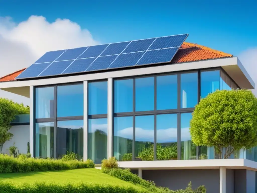 Edificio ecoamigable: diseño sostenible en 8k con energía solar Edificio ecológico moderno rodeado de vegetación, paneles solares y ventanas grandes reflejando el cielo azul