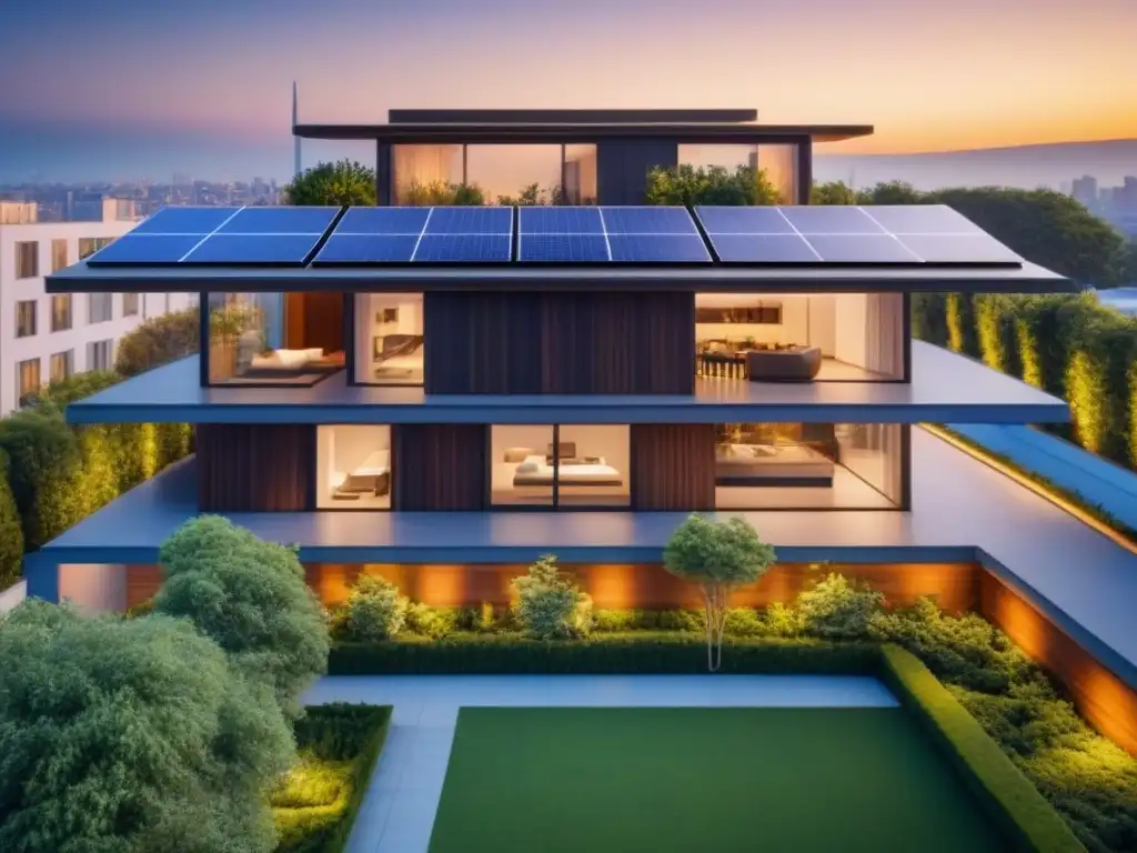 Edificio ecoamigable: sostenibilidad y modernidad en la ciudad Edificio ecológico moderno rodeado de vegetación, con paneles solares y diseño innovador