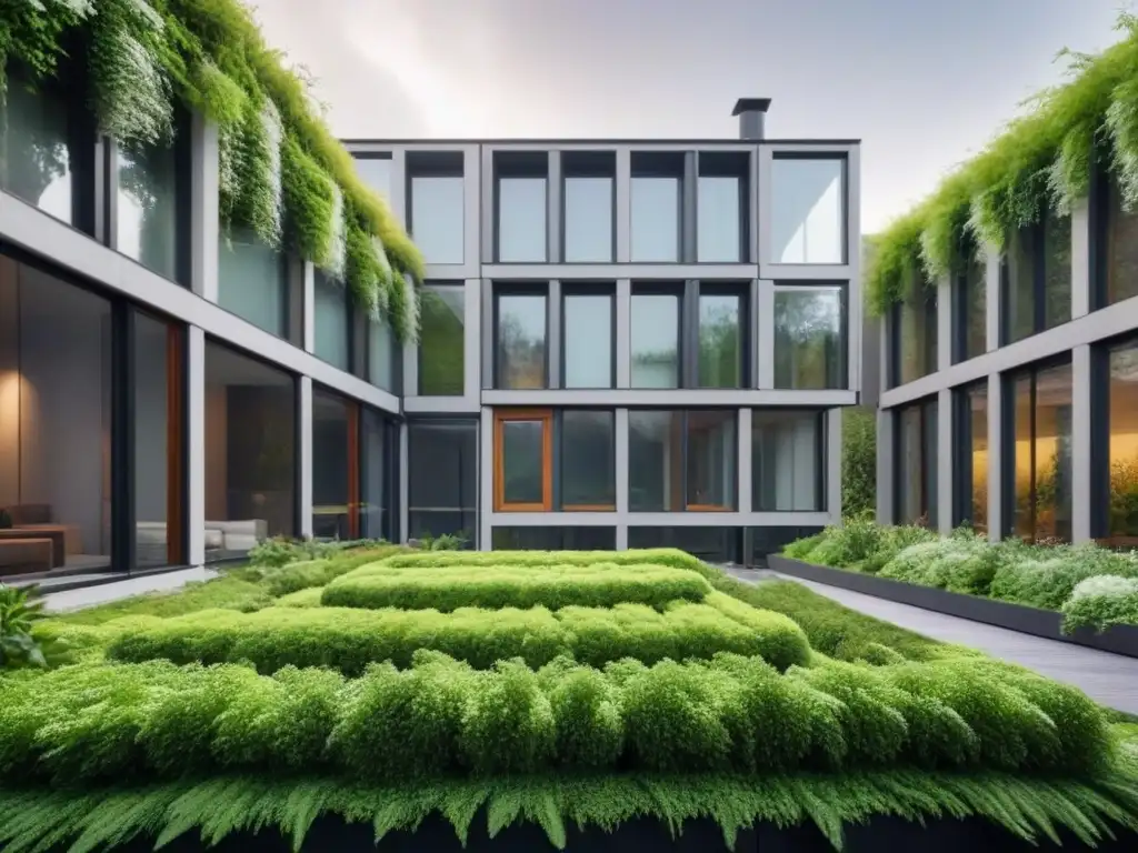 Edificio ecoamigable: arquitectura sostenible en armonía con la naturaleza Edificio ecológico con paneles solares, paredes verdes y eficientes ventanas, rodeado de exuberante vegetación