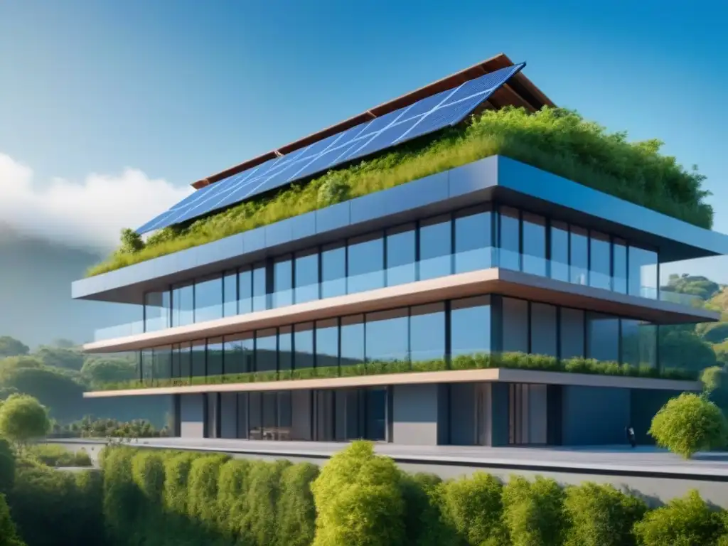 Edificio ecológico vanguardista en armonía con la naturaleza Edificio ecológico con paneles solares rodeado de vegetación, cielos azules y diseño vanguardista