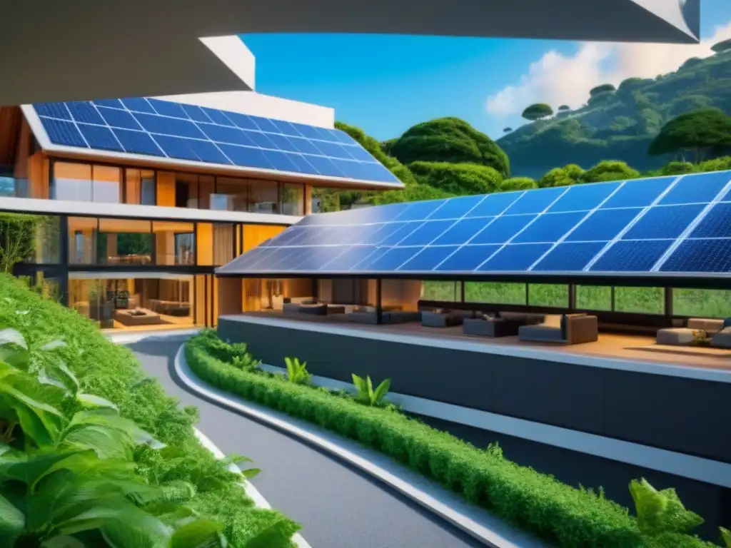 Edificio ecoamigable con paneles solares en armonía con la naturaleza Edificio ecológico con paneles solares, rodeado de vegetación y cielos azules, certificaciones construcción ecológica valor inversión