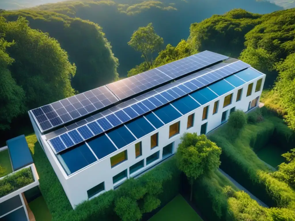 Edificio ecofriendly: armonía moderna con la naturaleza Edificio ecológico con paneles solares, rodeado de vegetación y cielo azul