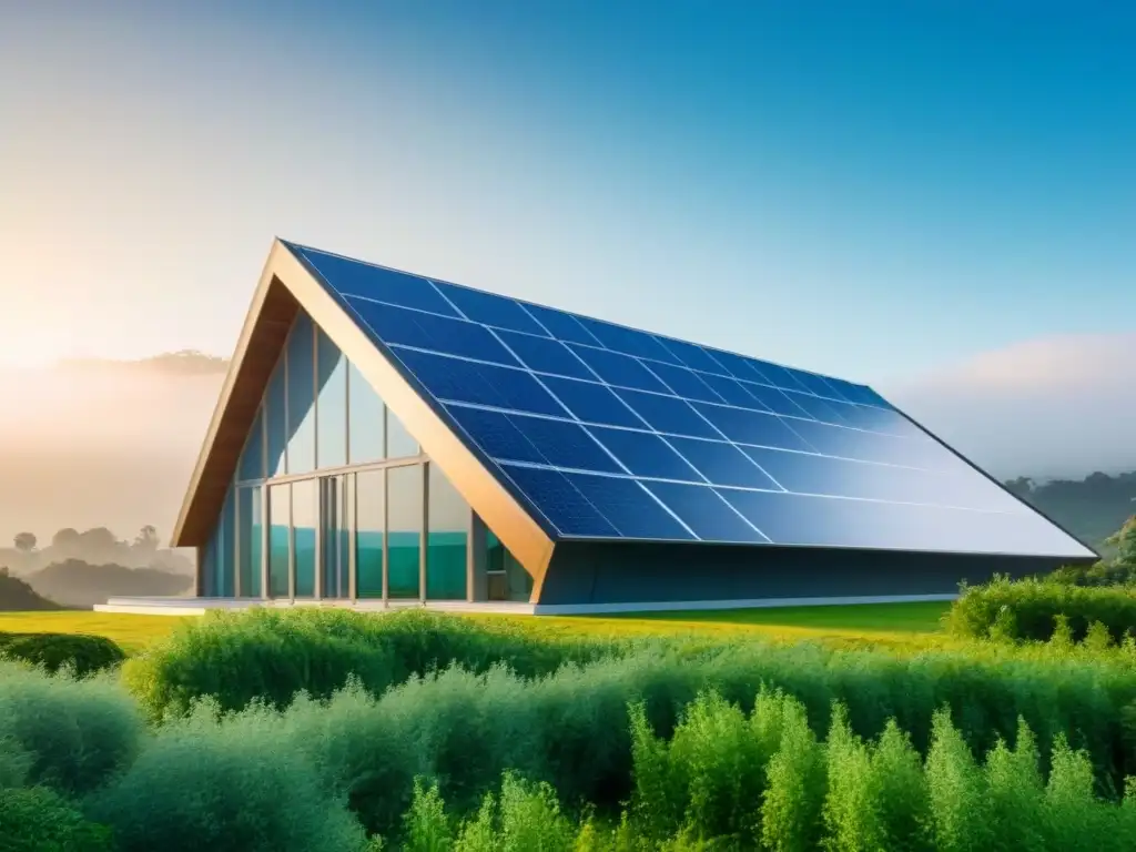 Edificio sostenible: diseño moderno con paneles solares Edificio ecológico con paneles solares y vegetación, fusionando sostenibilidad y diseño arquitectónico en la ciudad