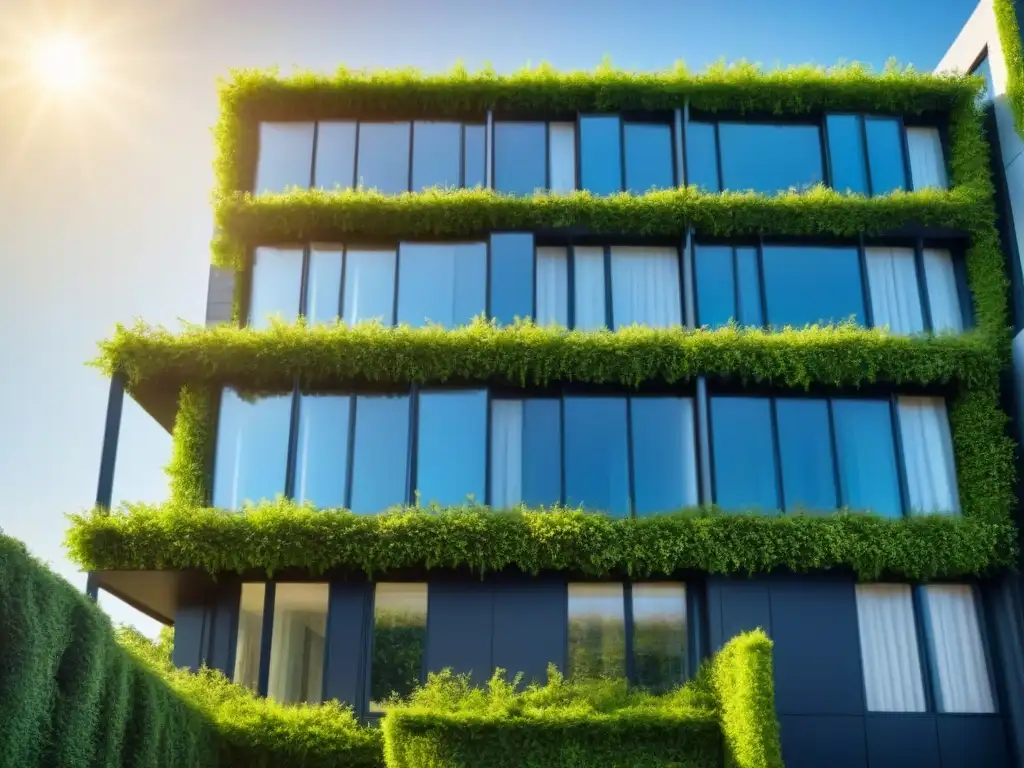 Edificio ecológico con jardines verticales y paneles solares Edificio ecológico con paneles solares, ventanas grandes y diseño moderno, rodeado de vegetación