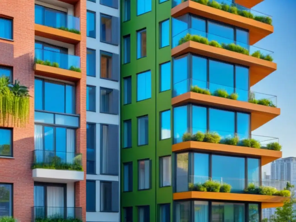 Edificio ecoamigable con paneles solares y jardines, en la ciudad Edificio ecológico con paneles solares y plantas, integrando prácticas ecológicas propiedades multifamiliares en la ciudad