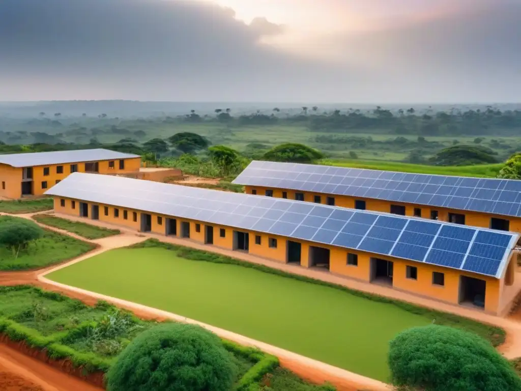 Desarrollo sostenible en África: arquitectura eco-amigable Un edificio ecológico en África, con paneles solares y artesanos locales, fusiona sostenibilidad y tradición africana