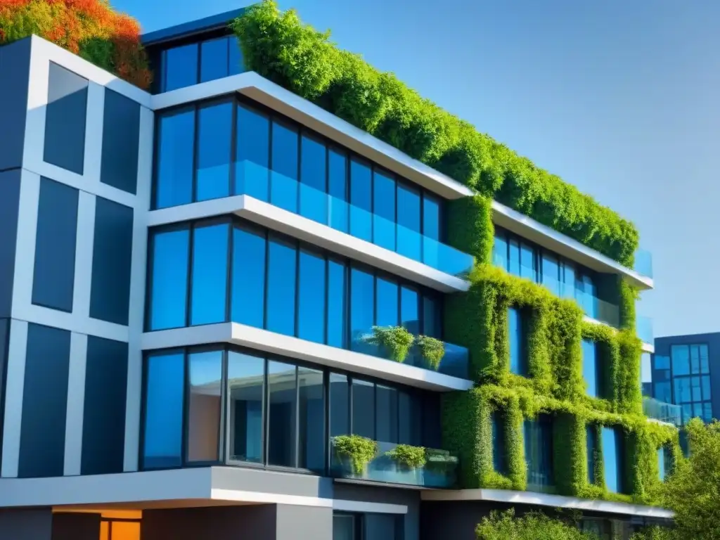 Ecoedificio innovador: diseño sostenible y rentable Edificio ecológico con paneles solares, jardines verdes y muro vivo, simbolizando beneficios fiscales en propiedades sostenibles