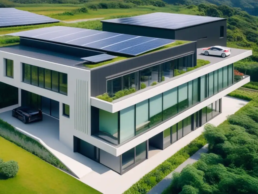 Edificio ecológico innovador rodeado de naturaleza y energía solar Edificio ecológico rodeado de naturaleza, paneles solares y autos eléctricos