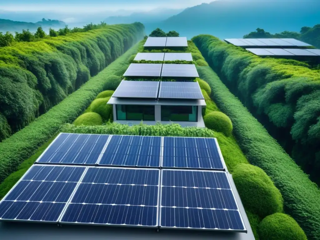 Edificio ecoamigable: diseño innovador y sostenible en entorno natural Edificio ecológico rodeado de vegetación, paneles solares y diseño innovador