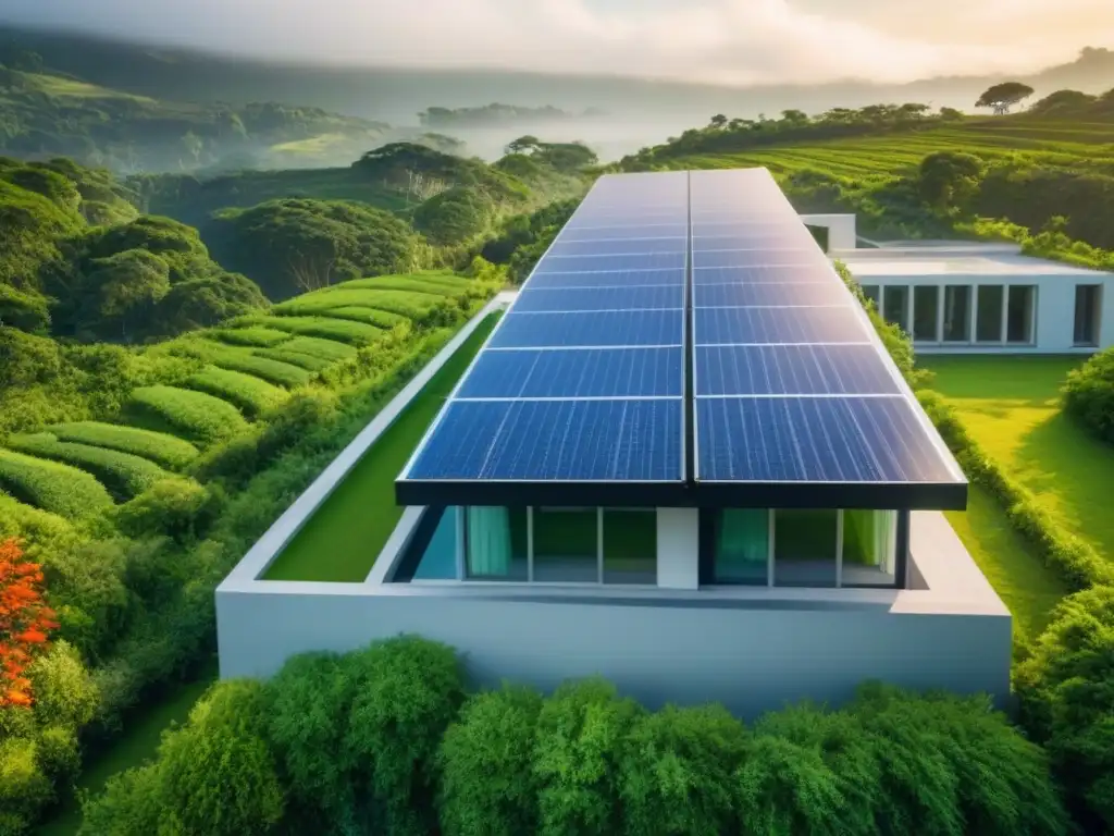 Edificio ecológico rodeado de vegetación, paneles solares brillando al sol, fusión arquitectura y naturaleza
