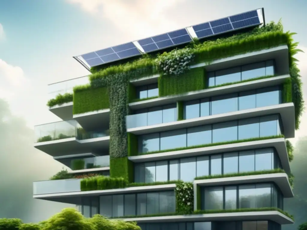 Edificio ecofuturista: tecnología y sostenibilidad en armonía Edificio ecológico con tecnología inteligente, jardín vertical y paneles solares, simbolizando la fusión entre sustentabilidad y tecnología