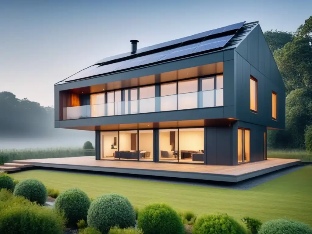 Edificio ecoeficiente con paneles solares y jardín verde Edificio de energía cero con diseño sostenible, paneles solares, ventanas eficientes y jardín en la azotea