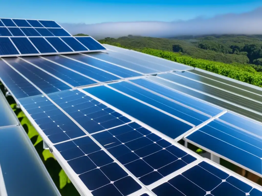 Edificio futurista energía cero con paneles solares integrados Un edificio energía cero con diseño futurista, paneles solares integrados y rodeado de vegetación bajo un cielo azul