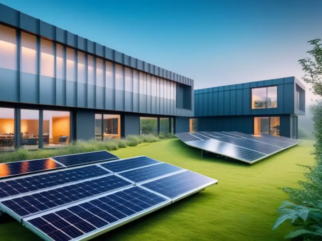 Edificio ecofuturista: diseño sostenible y armonía ambiental Un edificio energía cero con diseño sostenible, paneles solares y vegetación exuberante, reflejando armonía con el entorno