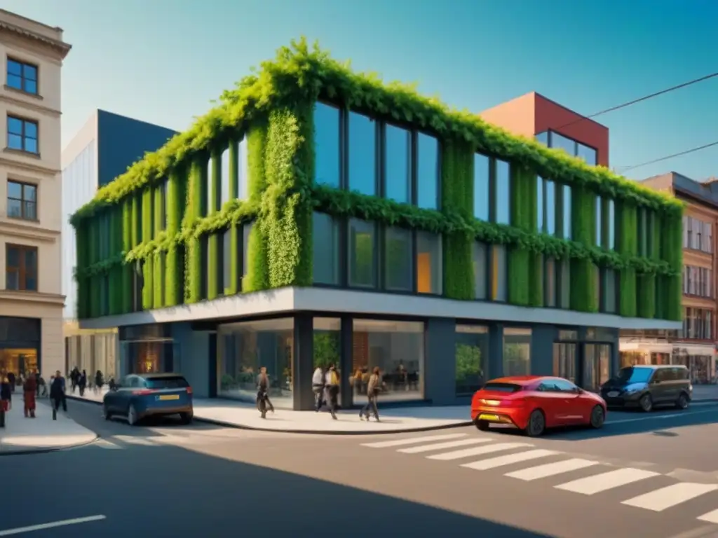 Edificio moderno con diseño verde en esquina urbana Un edificio existente con edificación verde en una esquina urbana, gente diversa, sostenibilidad y progreso bajo cielo azul