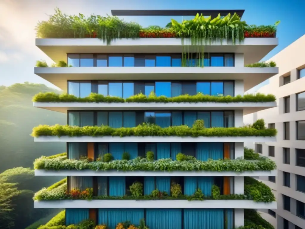 Transformación a Edificio Verde: Detalles en 8k Edificio existente transformado en edificación verde con paneles solares, jardines verticales y ventanas eficientes, rodeado de vegetación
