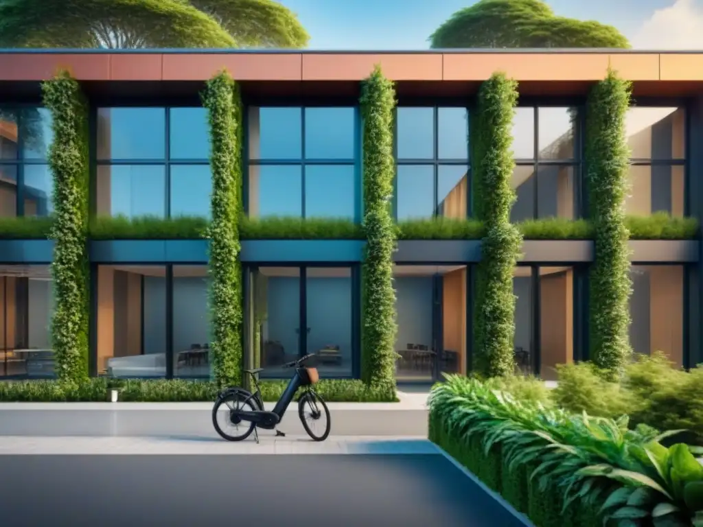 Edificio sustentable con muros verdes y paneles solares Edificio existente edificación verde con diseño sostenible y ecoamigable, rodeado de vegetación exuberante y bicicletas estacionadas