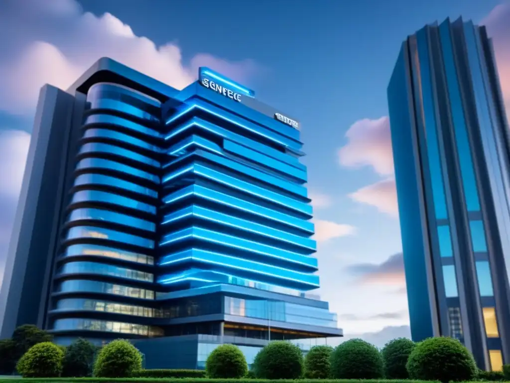 Edificio futurista con seguridad digital avanzada y nube de datos Un edificio futurista con avanzadas medidas de seguridad cibernética integradas en su arquitectura, rodeado de un campo de fuerza digital