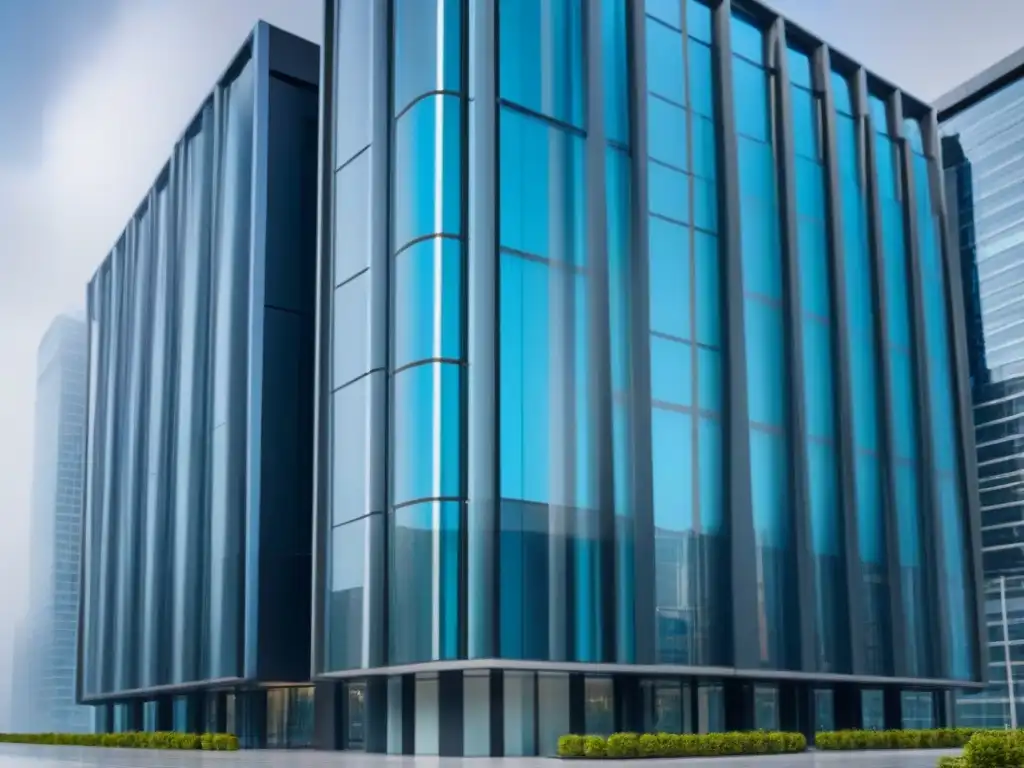 Edificio futurista: tecnología y seguridad en la era digital Un edificio futurista con avanzados sistemas de seguridad digital contra riesgos cibernéticos en el sector inmobiliario