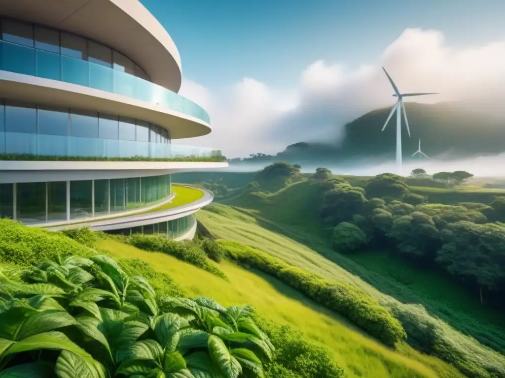 Edificio ecofriendly futurista rodeado de naturaleza Edificio futurista con certificaciones verdes reduce costos operativos, rodeado de naturaleza y energías renovables