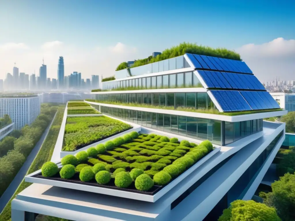 Edificio futurista ecoamigable en ciudad vibrante Un edificio futurista certificado LEED y BREEAM, con paneles solares y techos verdes, en armonía con la ciudad