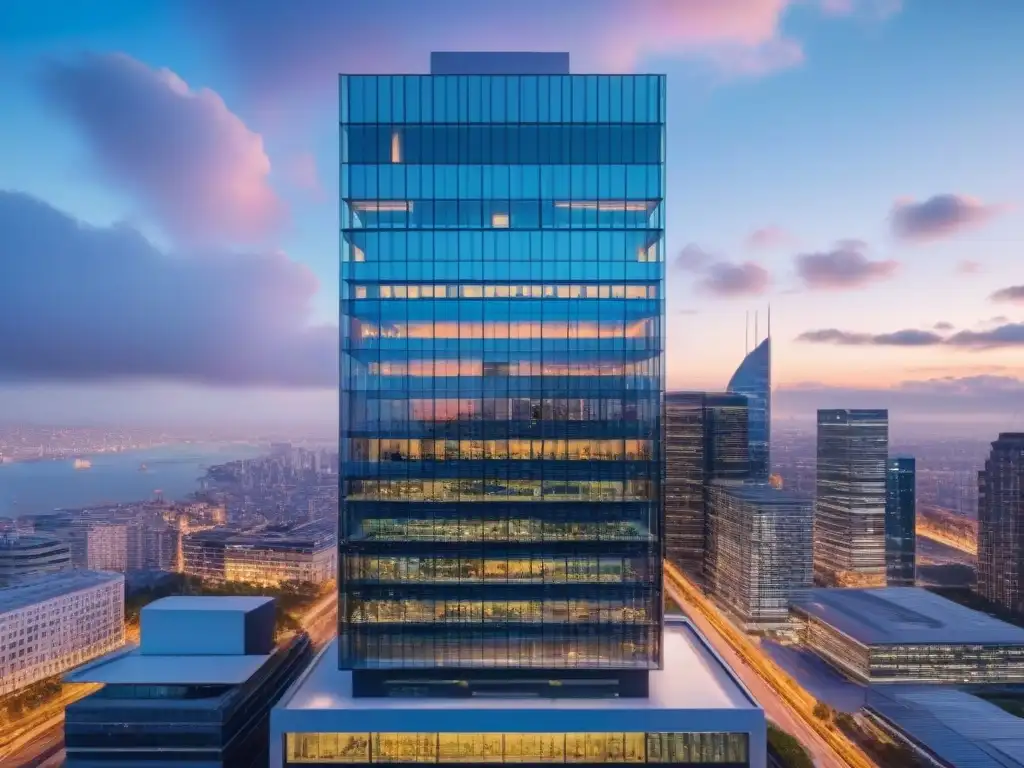 Edificio futurista en ciudad vibrante: innovación en real estate Edificio futurista en ciudad vibrante, simbolizando crecimiento e innovación en negocio inmobiliario soluciones nube escalando