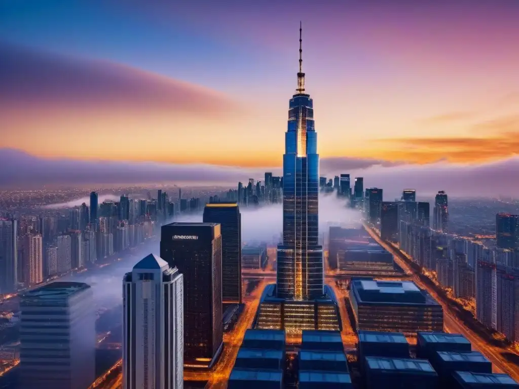 Arquitectura futurista: atardecer en edificio de cristal Un edificio futurista con cristaleras que reflejan la ciudad al atardecer