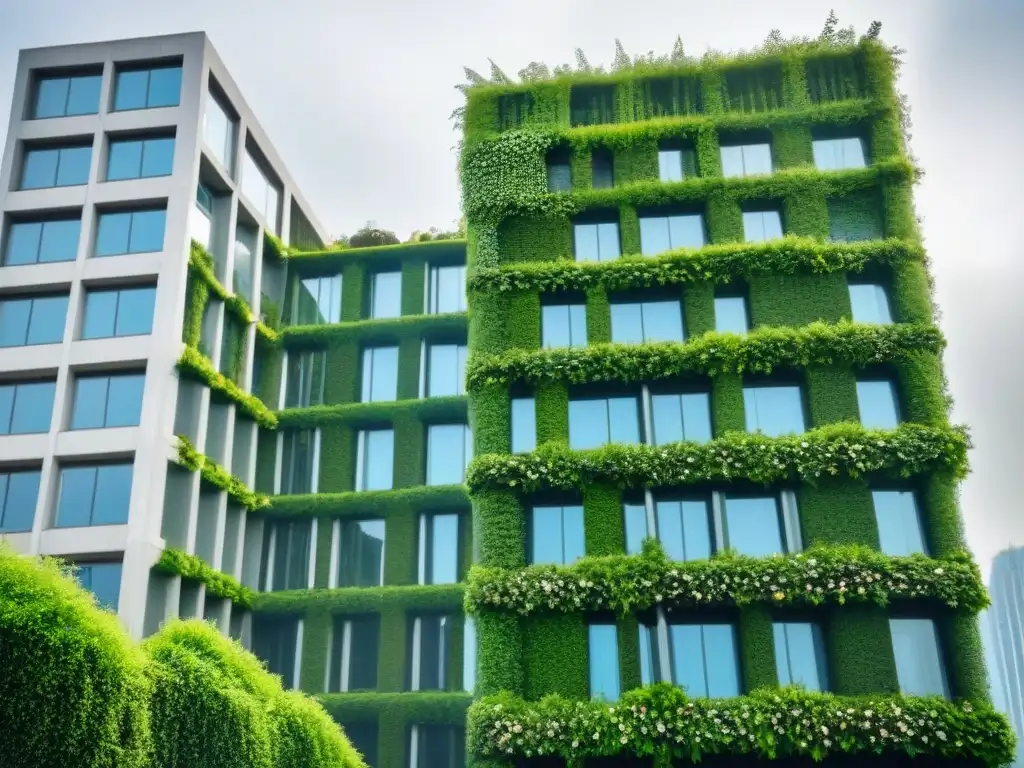 Edificio verde futurista: diseño sostenible en el corazón urbano Edificio futurista cubierto de jardines verticales, fusionando naturaleza y arquitectura