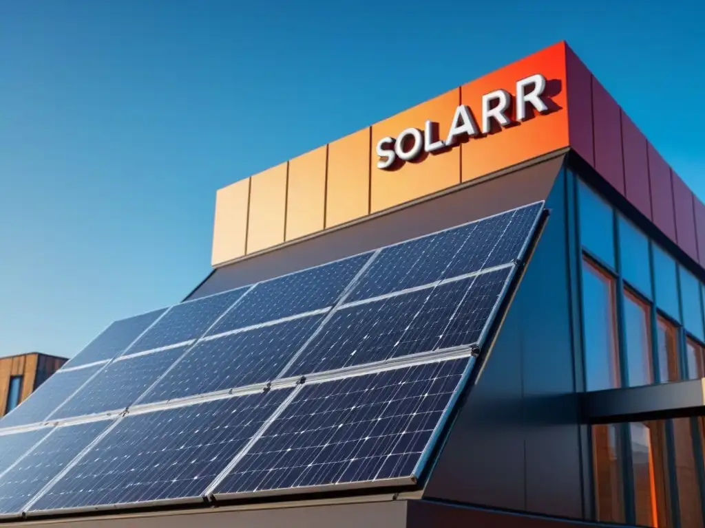 Edificio futurista con paneles solares brillantes en el cielo azul Un edificio futurista cubierto de paneles solares contra un cielo azul vibrante, con símbolos de energía renovable integrados