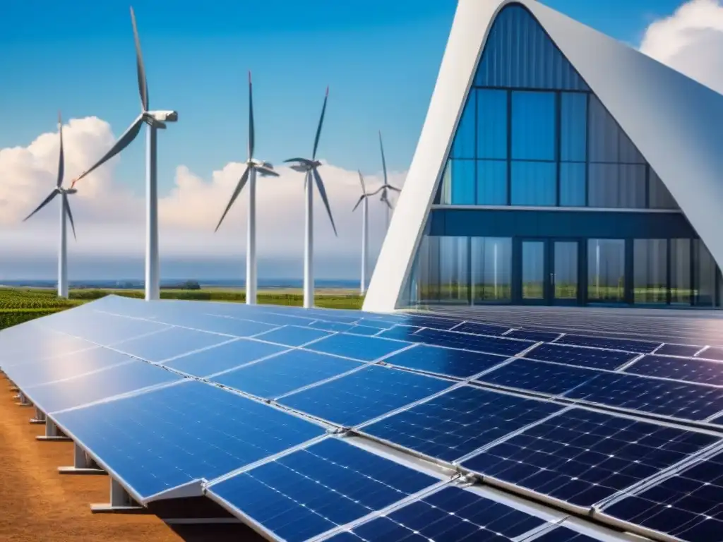 Edificio futurista con paneles solares brillantes Un edificio futurista cubierto de paneles solares relucientes, en armonía con la energía renovable