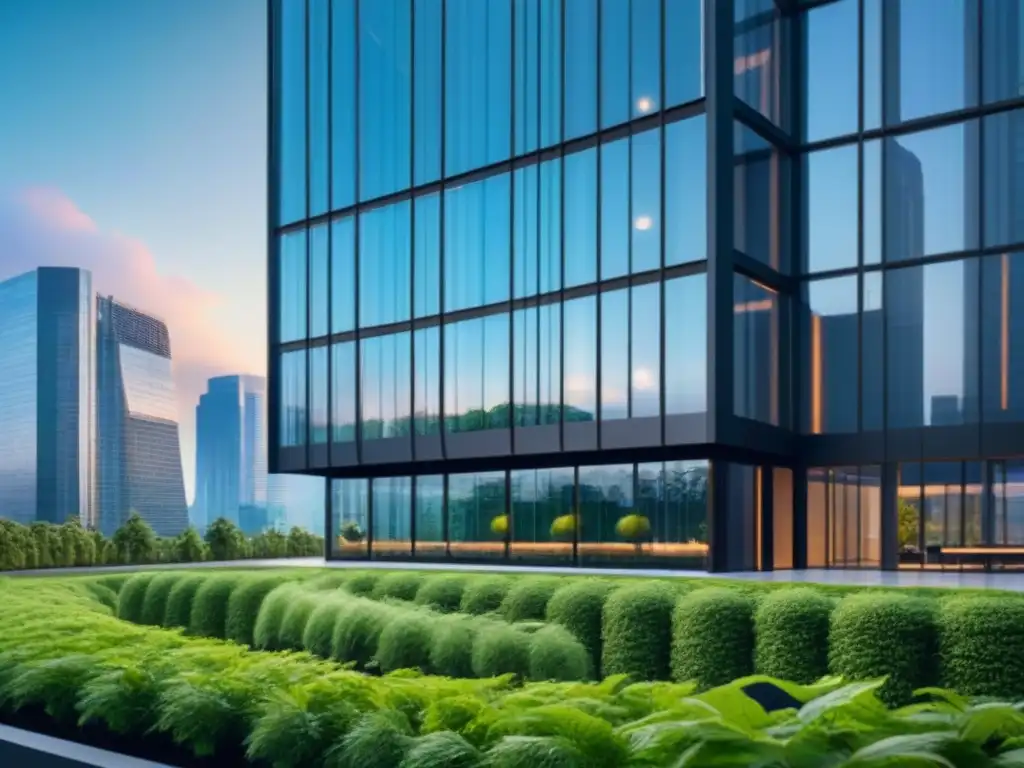 Edificio futurista con datos en tiempo real y diseño vanguardista Un edificio futurista con datos en tiempo real sobre gestión inmobiliaria, rodeado de vegetación y ciudad