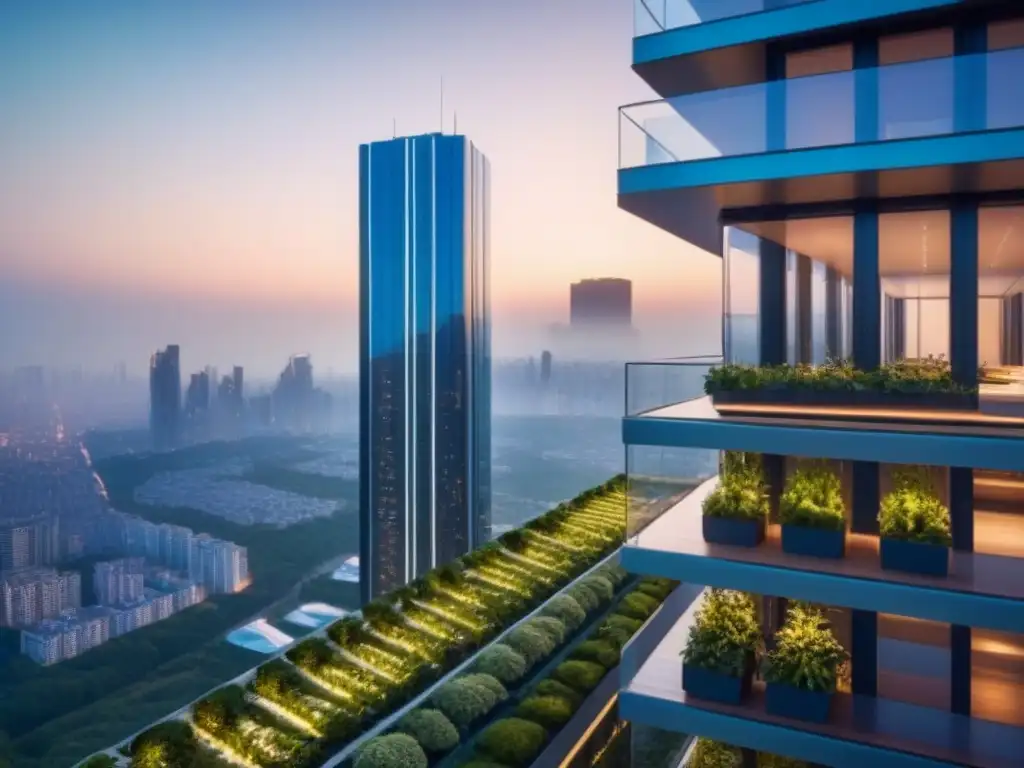 Edificio de lujo futurista con diseño sostenible y tecnología inteligente Edificio futurista con diseño sostenible, paneles solares y jardín en la azotea