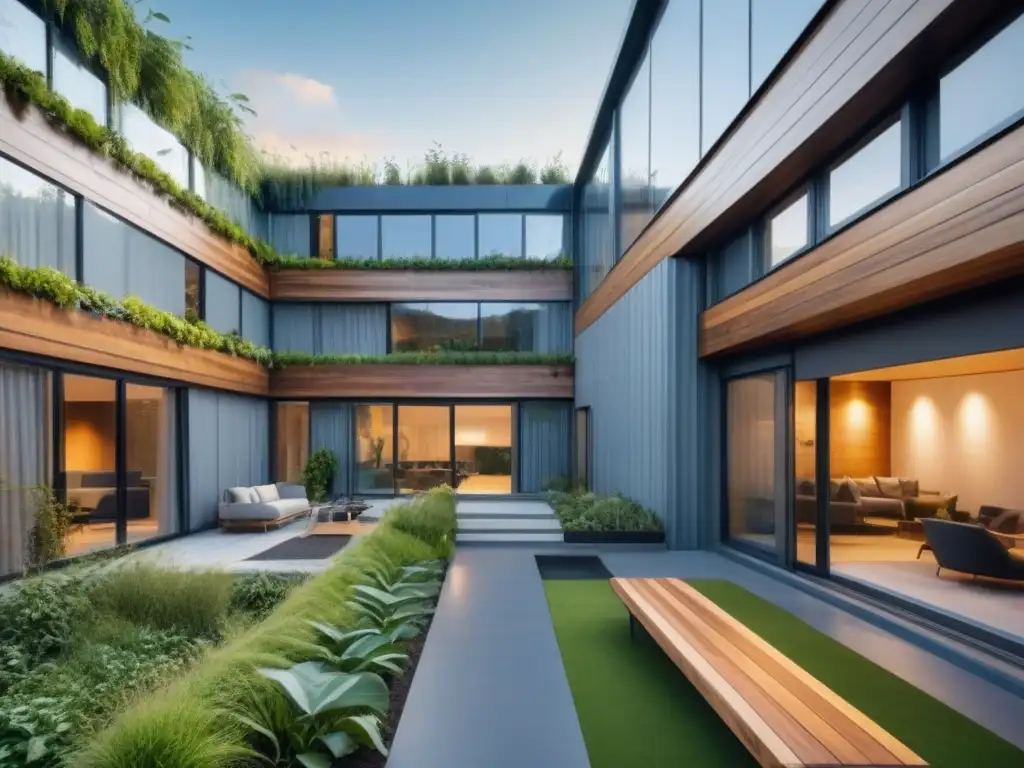 Edificio ecológico futurista de materiales reciclados en 8k Un edificio futurista ecoamigable construido con materiales reciclados, destacando la bioconstrucción y la sostenibilidad en entornos urbanos