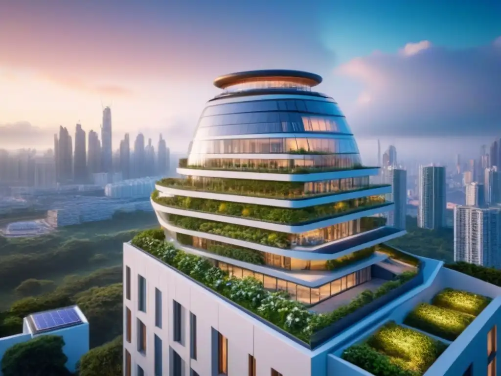 Edificio ecofuturista: diseño innovador y sostenible en la ciudad Edificio futurista ecoamigable con espacios verdes integrados y paneles solares, simbolizando construcción sostenible para inversores globales