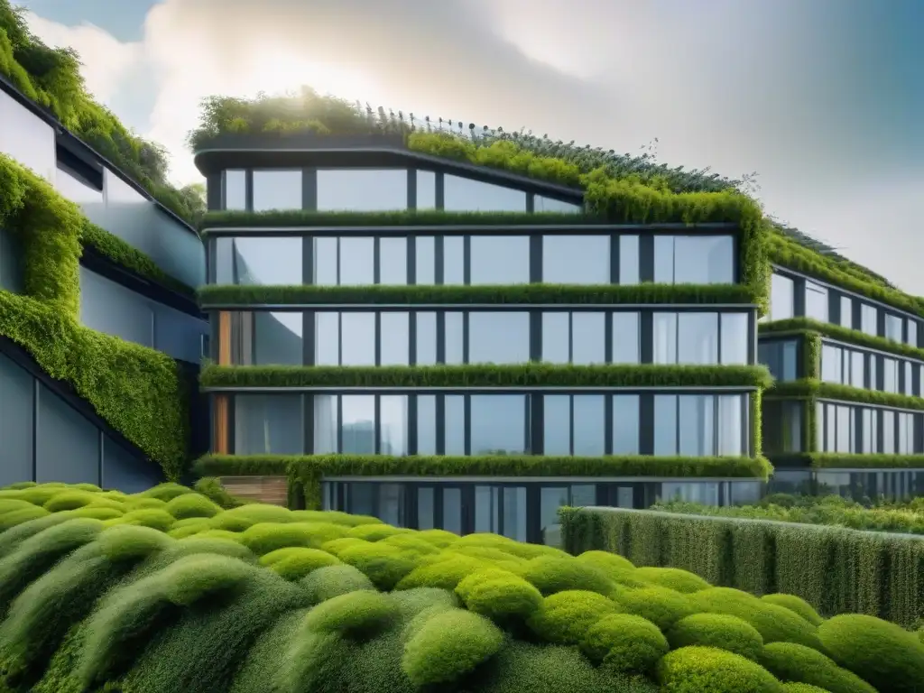Edificio ecofuturista: diseño sostenible en armonía con la naturaleza Un edificio futurista ecoamigable con paneles solares, muros verdes y jardín en la azotea, rodeado de vegetación