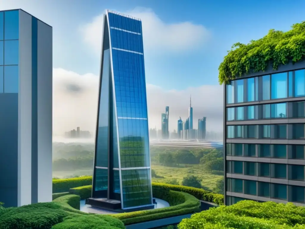 Rascacielos ecofriendly: innovación y sostenibilidad urbana Edificio futurista ecoamigable con paneles solares integrados, reflejando sostenibilidad en inversiones inmobiliarias
