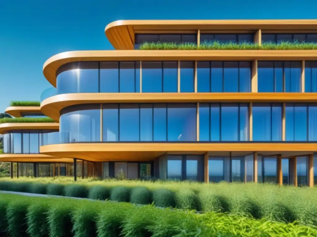 Edificio ecológico futurista: armonía entre naturaleza y tecnología Edificio futurista ecoamigable con tecnología en bioarquitectura sostenible, rodeado de vegetación y cielo azul