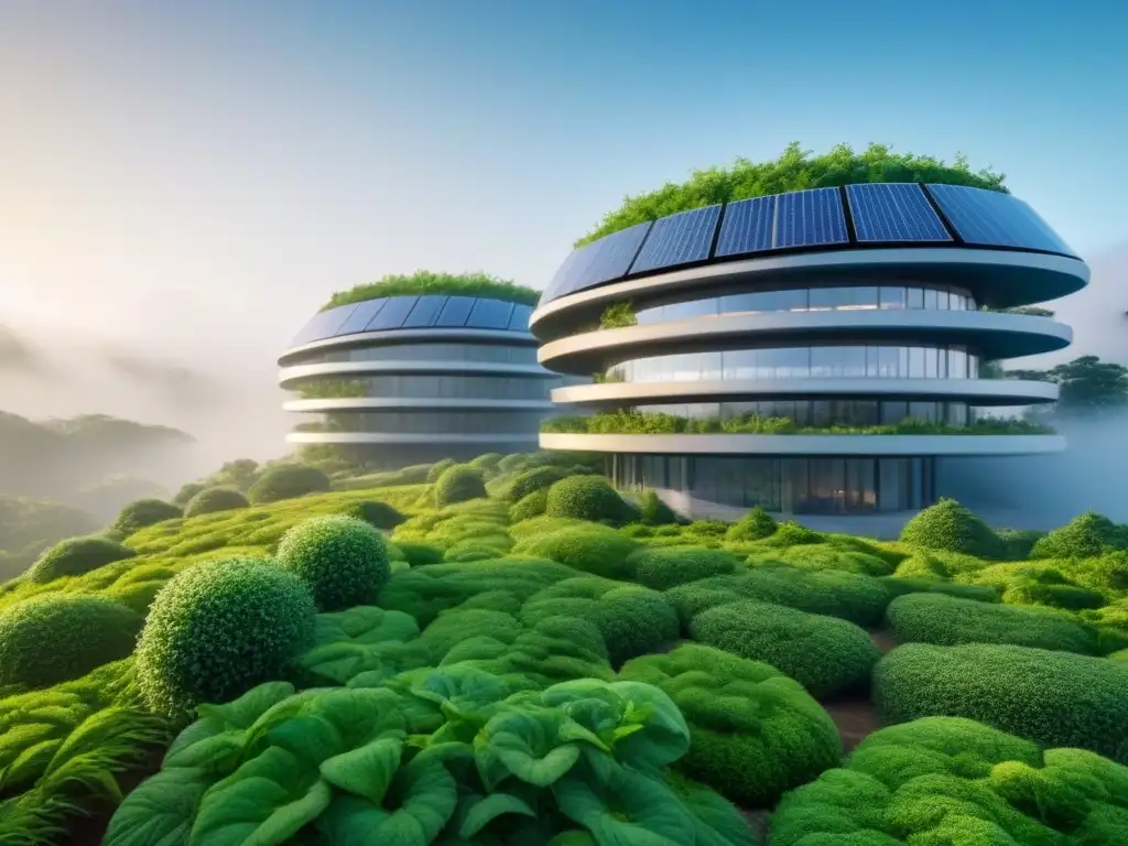 Edificio ecofuturista: arquitectura verde y tecnología avanzada Edificio futurista ecoamigable con tecnología en bioarquitectura sostenible rodeado de vegetación exuberante