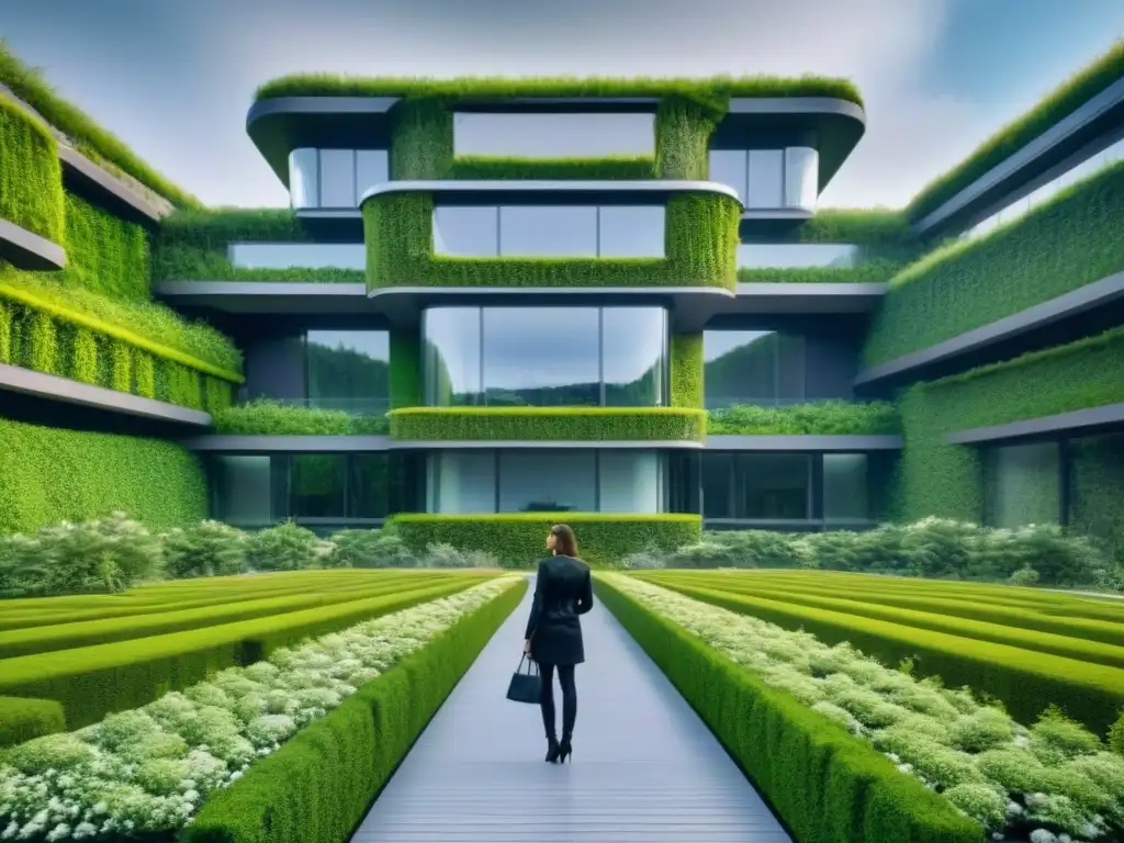 Edificio ecológico futurista integrado en paisaje verde exuberante Un edificio futurista ecológico se fusiona con la exuberante naturaleza, mostrando diseños sostenibles inspirados en la naturaleza